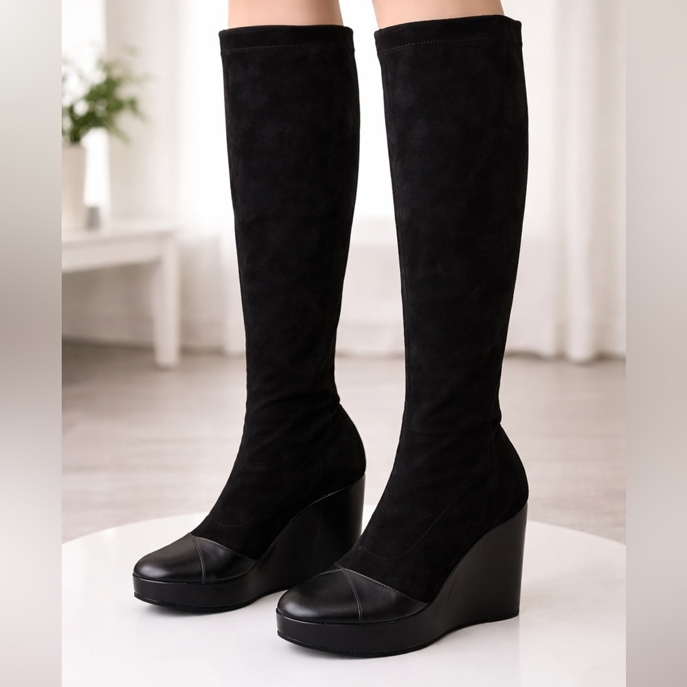 Robert Glergerie Black suede  Over-The-Knee Stretch Boots made in France
